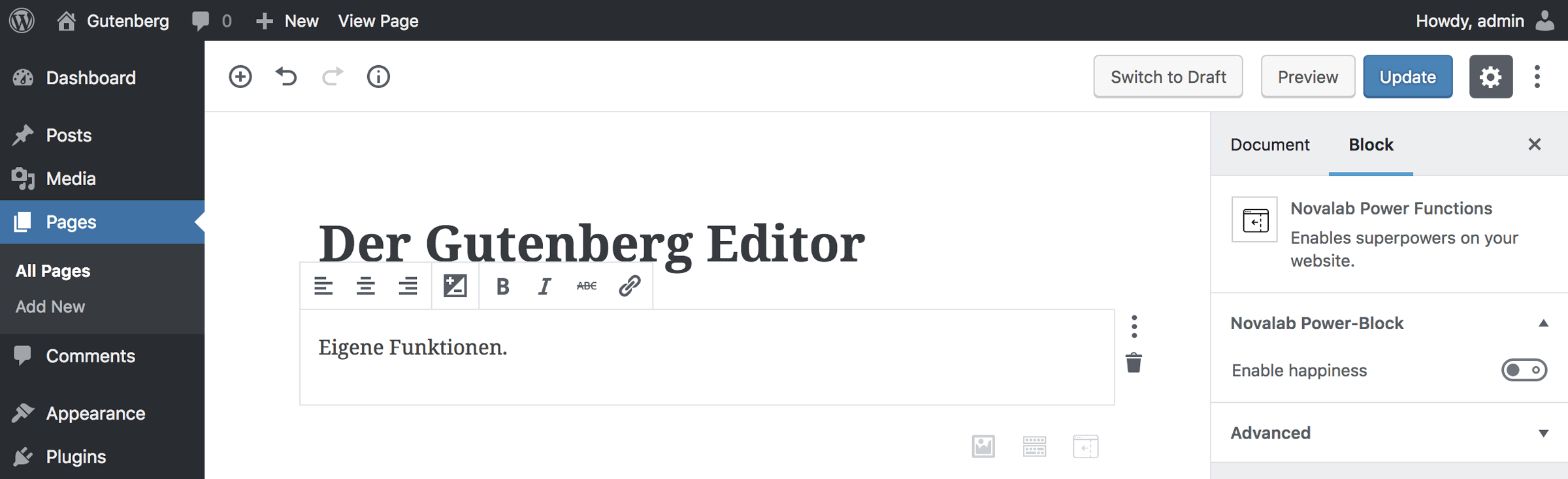 Gutenberg Editor mit individuellem Block und Seitensteuerung
